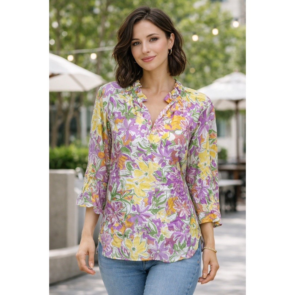 Jade Melody- Floral Blouse Purple, Yellow, Green Size XS